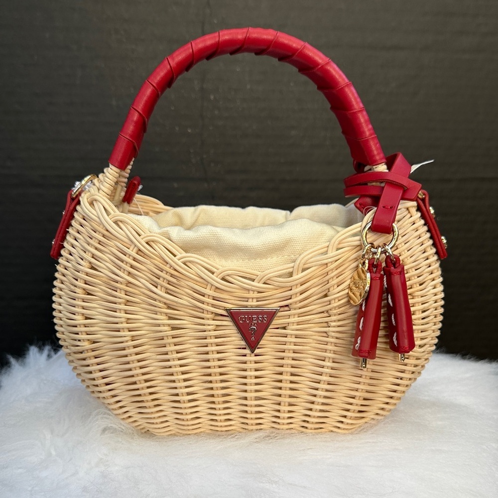Guess Woven Straw Shoulder Bag with Red Trim